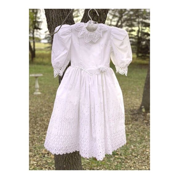 Vintage 80s White Formal Dress Fit & Flare Puff Sleeve Eyelet Lace Sz 5 Communio - Picture 1 of 15